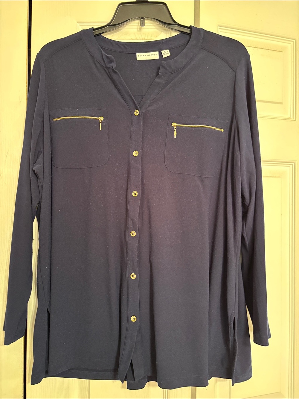Susan Graver Navy Long-Sleeve Button Front Shirt with Gold accents